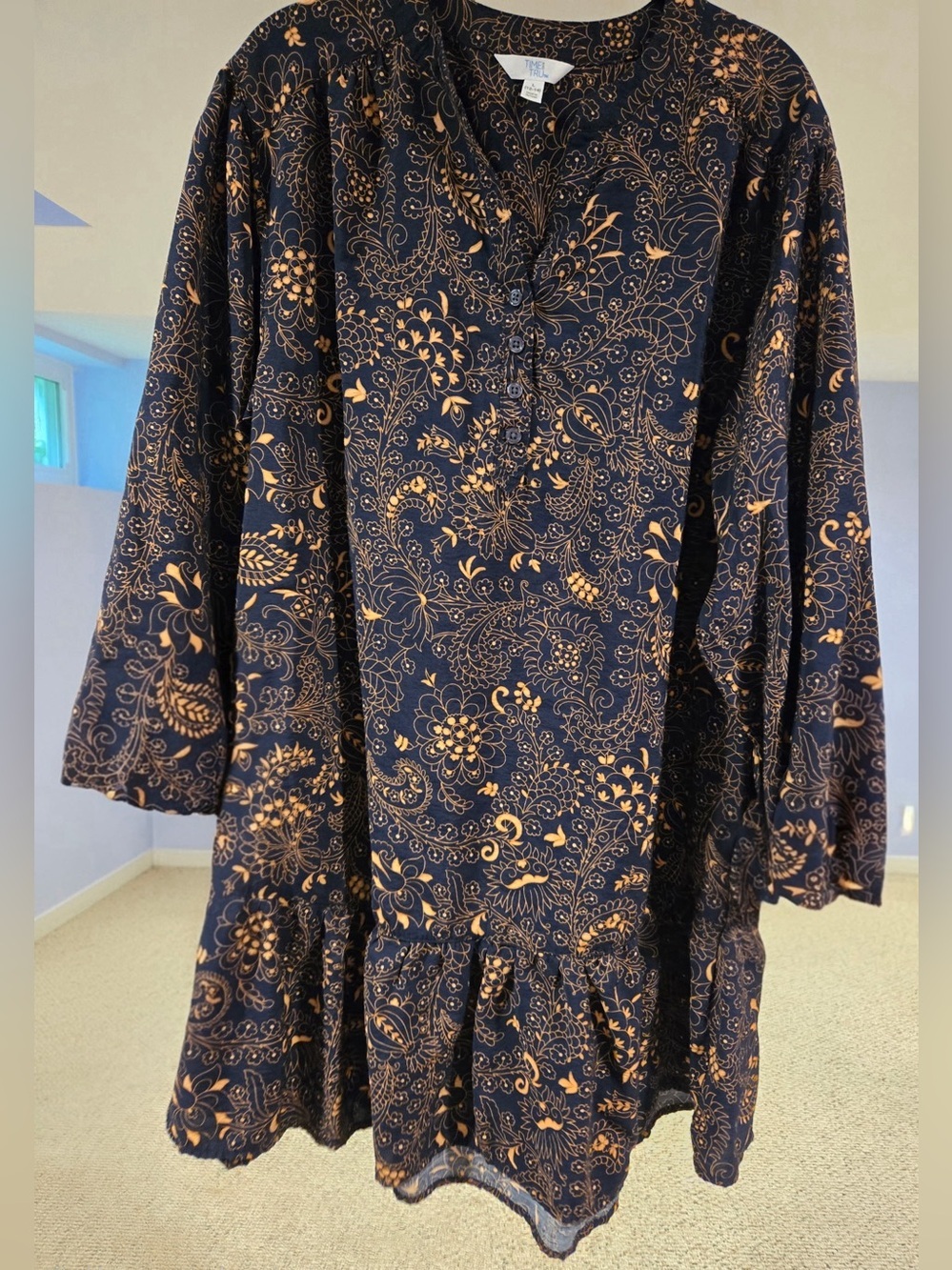 Time and Tru Navy Tunic Dress with Gold Floral Print